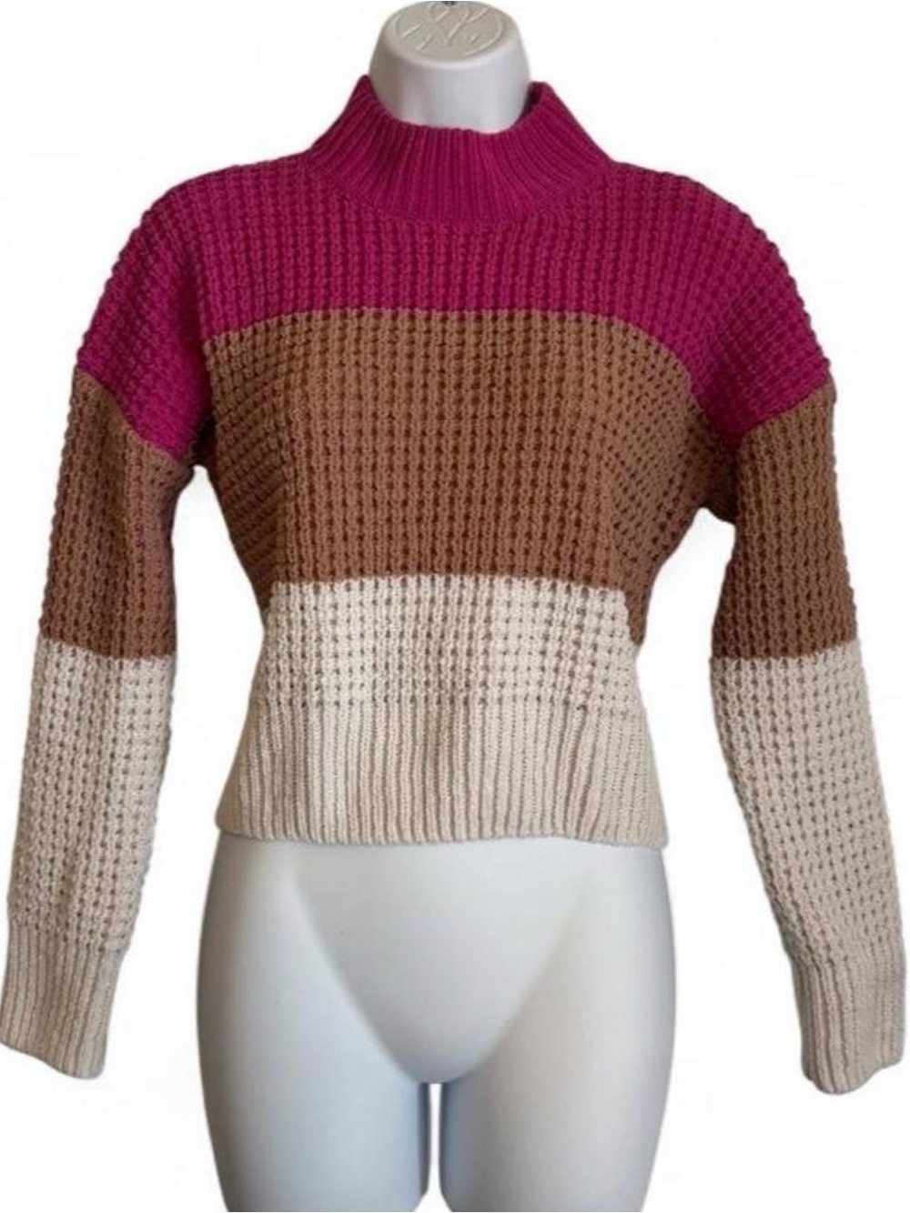 Pink rose Colorblock Waffle-Knit Mock Neck Sweater - Pink, Brown & Cream